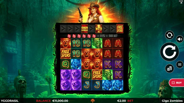 Giga Zombies - écran de jeu avec rouleaux 6x5